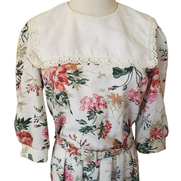 Vintage Floral Belted Dress Spring Garden Tea Party Cottagecore Sz 10 - Picture 2 of 16